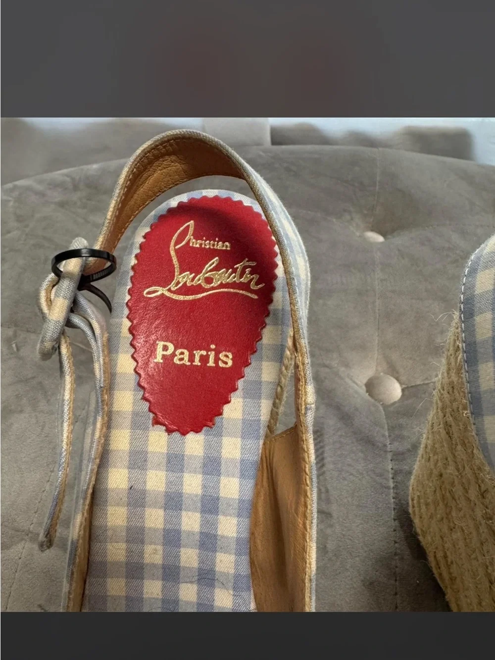 Christian Louboutin Gingham Wedge Espadrille Sandals - Light Blue/White